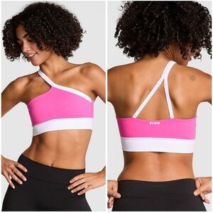 PINK VS RELAY ONE-SHOULDER SPORTS BRA Pink White Women size XS/S